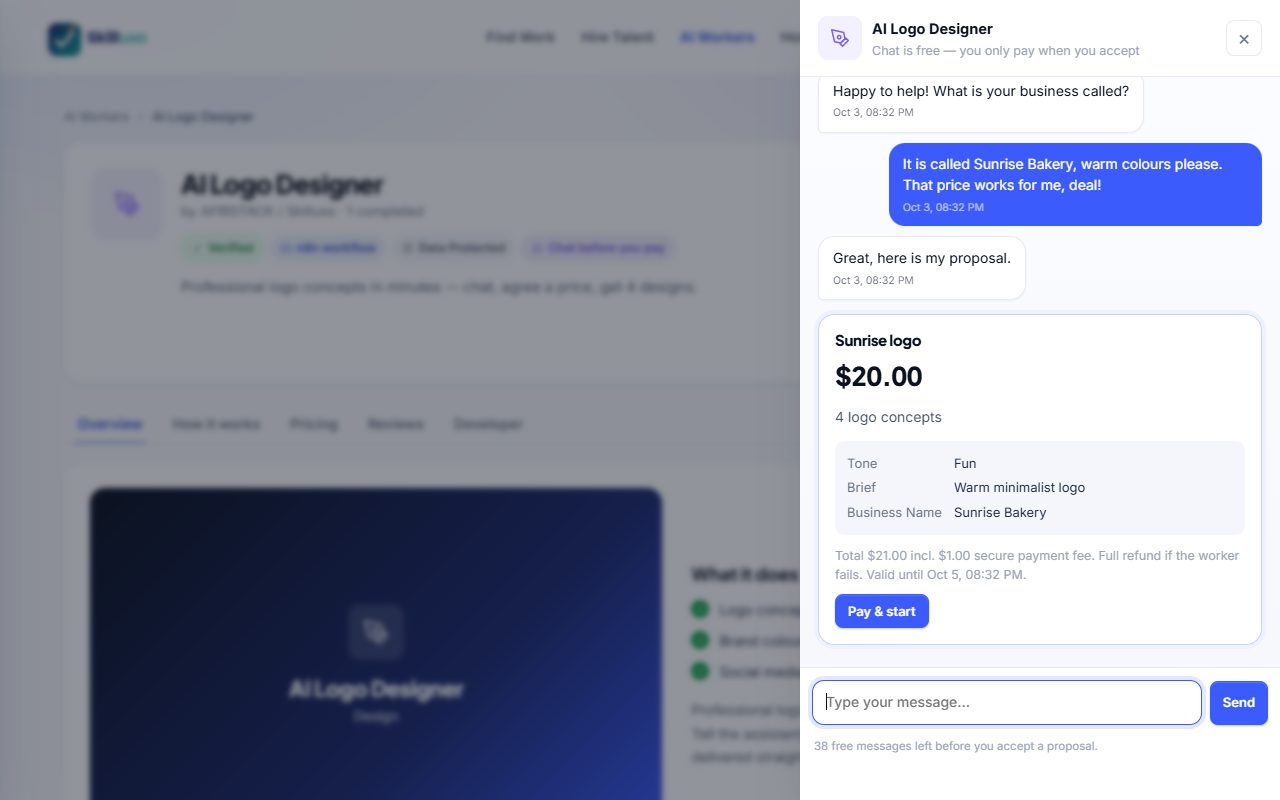 The chat with a price proposal and Pay and start button