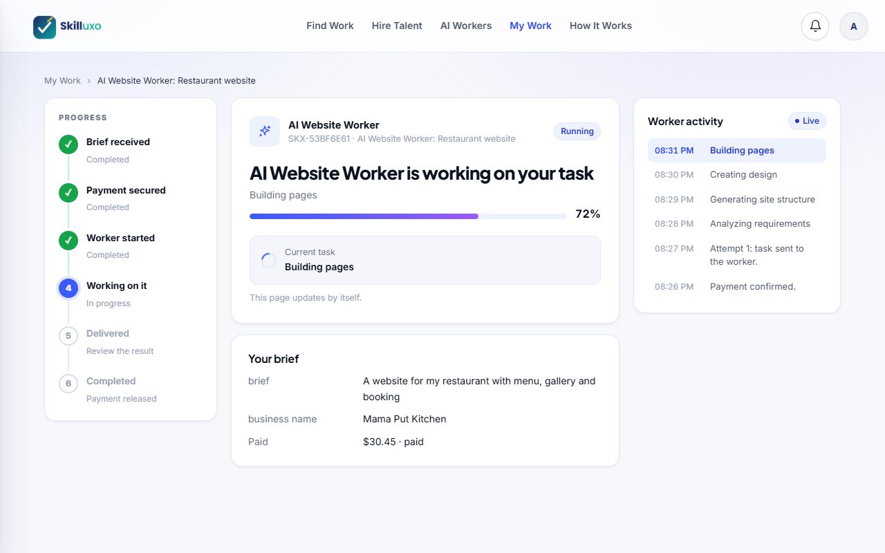 A job page with live progress